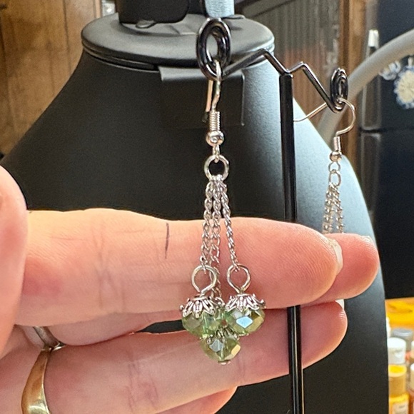Chic Silver Tone and Green AB Crystal Drop Earrings - Picture 3 of 3